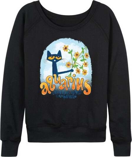 Pete The Cat Women'sPetetheCatAquariusLightweightFrenchTerryWideNeckLongSleeveGraphicShirt-Black-3X