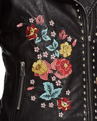 Molly Bracken Floral-Embroidered Faux Leather Biker Jacket