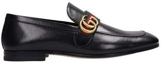 Gucci Black Leather With Golden Logo Loafers