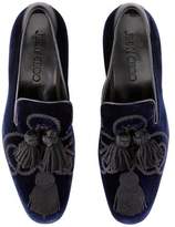 Thumbnail for your product : Jimmy Choo FOXLEY Navy Velvet Tasselled Slippers with Rope Embroidery