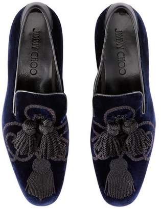 Jimmy Choo FOXLEY Navy Velvet Tasselled Slippers with Rope Embroidery