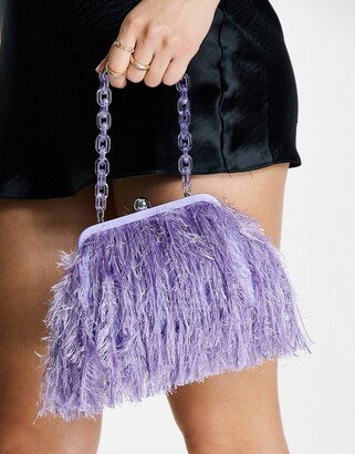 ASOS DESIGN faux feather clutch with resin handle in purple