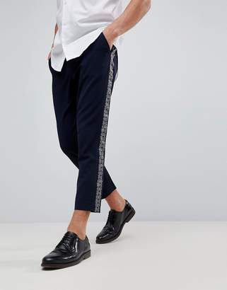 ASOS Tapered Trousers In Navy With Silver Pattern Side Stripe