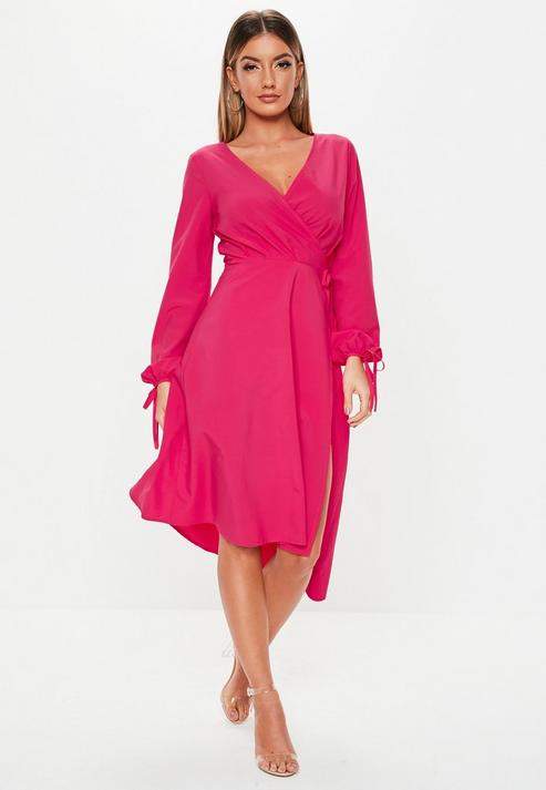 Missguided Pink Wrap Front Balloon Sleeve Midi Dress - ShopStyle