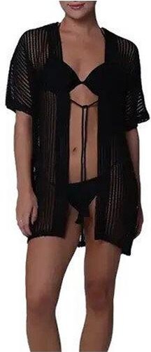 J Valdi Women's Bora Bora Open Front Kimono Swim Cover Up Medium Black