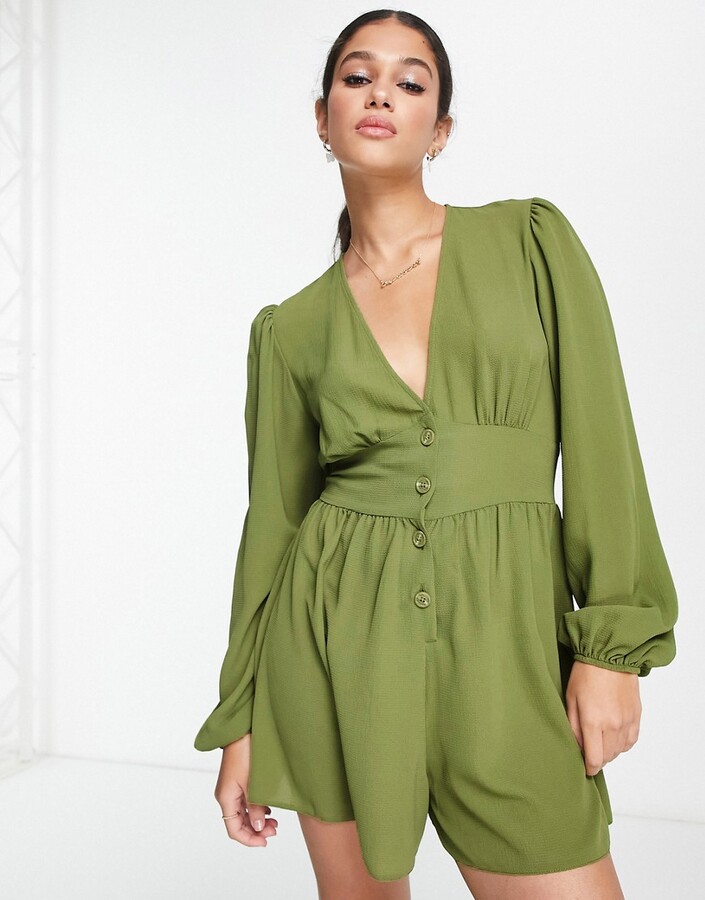 ASOS DESIGN crepe plunge neck playsuit with puff sleeve in khaki