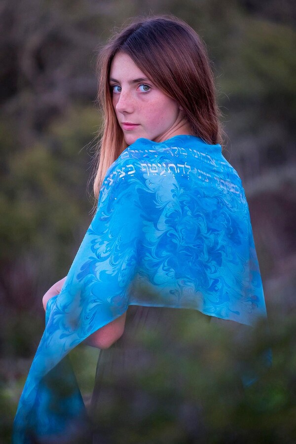 Etsy Light Blue Silk Tallit Hand-Marbled Jewish Prayer Shawl