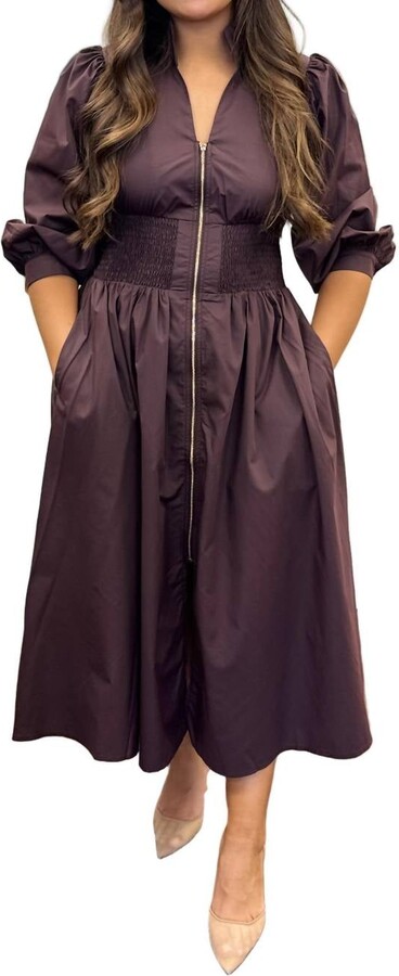 Entro Cinched Waist Midi Dress In Brown