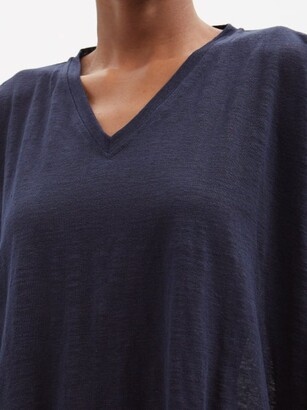 eskandar V-neckline Linen Long-sleeved T-shirt - Navy