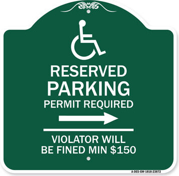 Signmission Designer Sign - Modern Isa Symbol) Connecticut Reserved Parking Permit Required Violators Will Be Fined Min $150 (With Right Arrow) | Gree