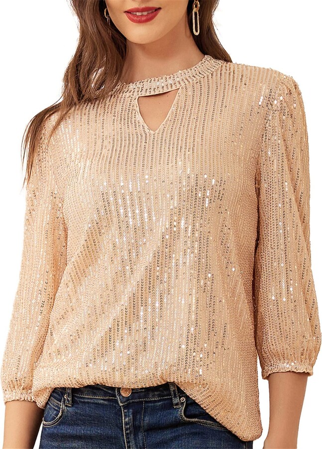 JASAMBAC Women's Sparkle Sequin Tops Shimmer Glitter T-Shirt Hollow Round  Neck Cocktail Party Casual Tunic Tops Rose Gold M - ShopStyle