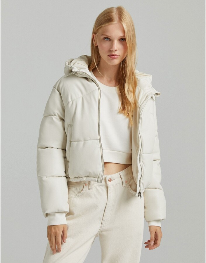 Bershka faux leather hooded puffer in cream - ShopStyle