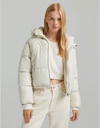 Bershka faux leather hooded puffer in cream - ShopStyle