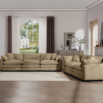 Hokku Designs Living Room Two Piece In Tan Corduroy Fabric: 2 2 Sofas With 8 Cushions Deep Seat Recliner For Soft Seating Corduroy: Sofas Cushion Upholstery Recl