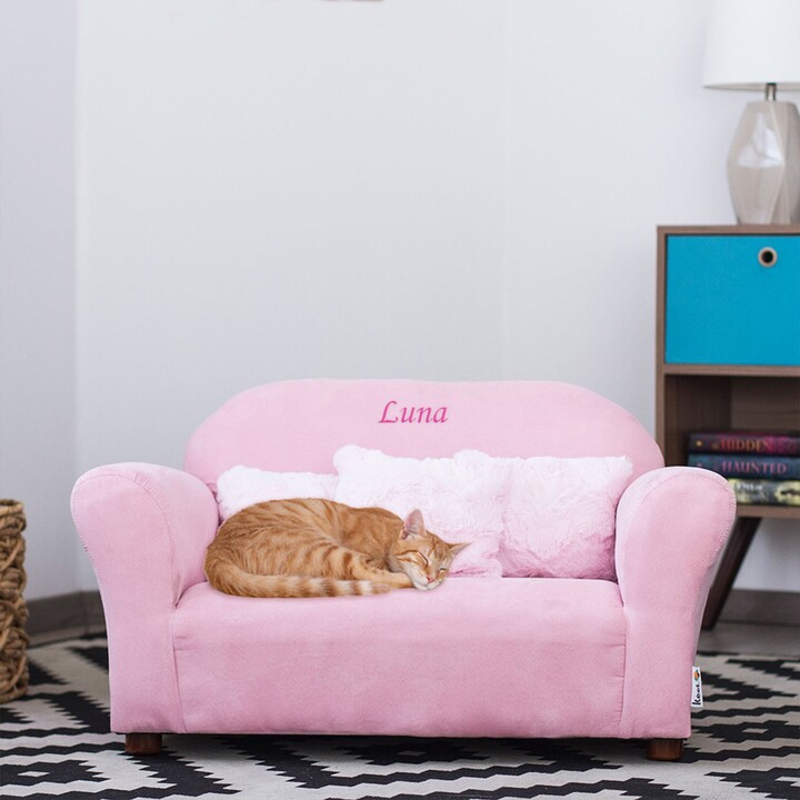 Keet Personalized Mini Plush Sofa & Accent Pillows Furniture Style Cat Bed, Pink