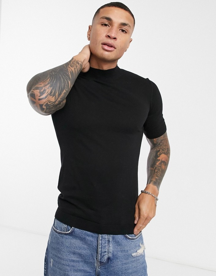 ASOS DESIGN knitted muscle fit turtleneck t-shirt in black - ShopStyle