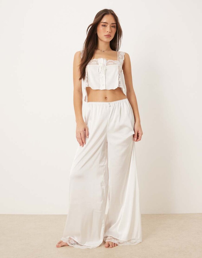 Kat The Label Cindy satin wide leg pants with lace trim in ivory