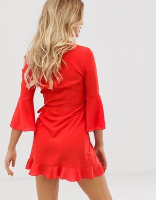 Outrageous Fortune ruffle wrap dress with fluted sleeve in red