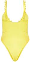 Thumbnail for your product : PrettyLittleThing Yellow Scoop Neck Pom Pom Trim Swimsuit