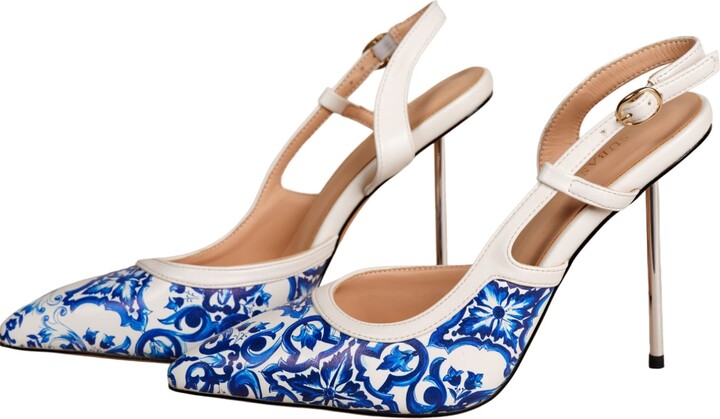 Subashini Heels White / Blue Luna Velluto Porcelain Slingback Stiletto