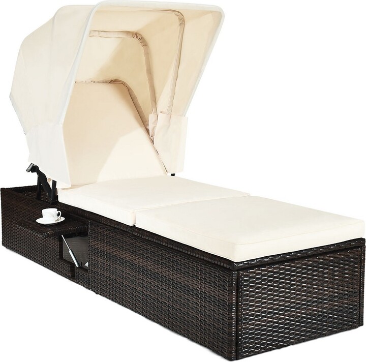Tangkula Outdoor Cushioned Reclining Chaise Lounge w/Folding Canopy