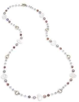 Stephen Dweck Cyprus 8mm, 10mm Peacock & Potato Pearl, Crystal Quartz & Sterling Silver Long Chain Necklace