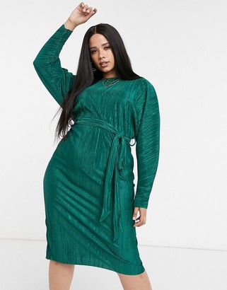 ASOS DESIGN Curve exclusive plisse batwing wrap midi dress with self tie belt in green
