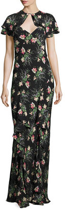 Vilshenko Floral-Print Silk Dress w/Capelet, Black Pattern