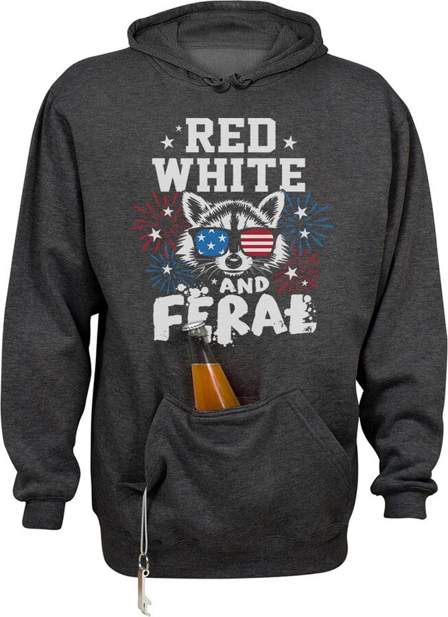 TeesAndTankYou Patriotic Raccoon Red White and Feral Beer Holder Tailgate Hoodie Sweatshirt Unisex Medium Charcoal Heather