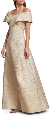 Teri Jon by Rickie Freeman Off-The-Shoulder Jacquard Bow Gown