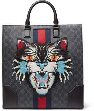 Gucci Angry Cat Leather-Trimmed AppliquÃ©d Monogrammed Coated-Canvas Tote Bag