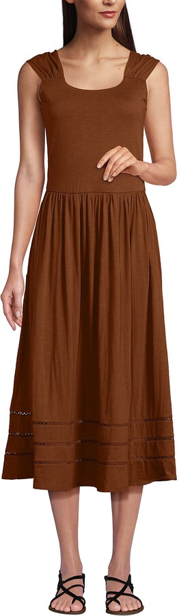 Slub Cap Sleeve Shirred Skirt Midi Dress