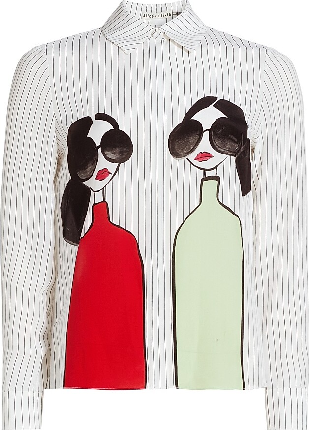 Alice + Olivia Women's Willa Staceface Pinstripe Silk Shirt - Twin Stace - Size XS