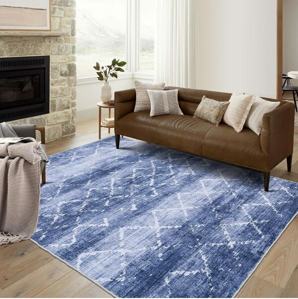 Fulvari WashableUltra-SoftAbstractAreaRug,Non-Slip,Non-Shedding,LowPile—DistressedModernCarpetforLivingRoom,Bedroom,9'x12'Blue