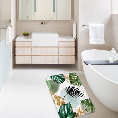 Tropical Oasis Bath Mat - Chic Boho Leaf Design, Minimalist Modern Aesthetic, Watercolor Geometric Pattern, Perfect for Bathroom or Indoor Use, 17.7 x