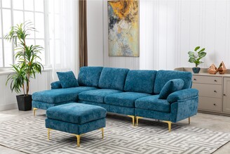 TOSWIN Modern Sectional Sofa Polyester Fabric Padded Seat Accent Sofa Pillow Top Arms Living Room Chaise with Metal Legs and Ottoman
