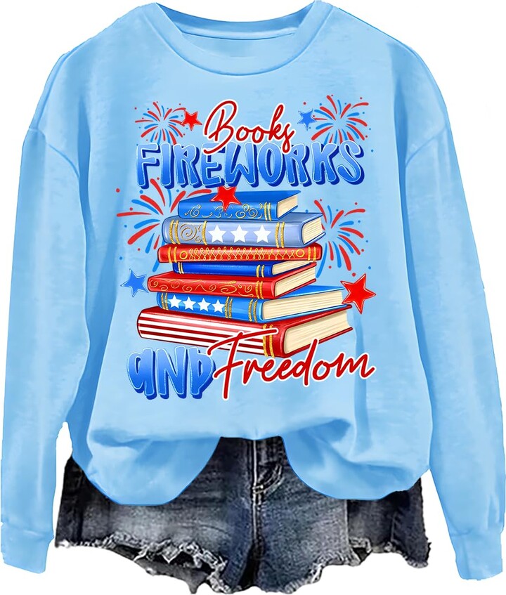 NACJOM Books Fireworks And Freedom 4th Of July Shirt Books Fireworks And Freedom Sweatshirt Carolina Blue