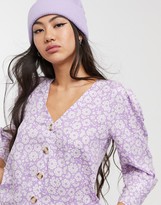 Thumbnail for your product : Monki floral print puff sleeve button through blouse in lilac