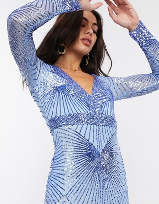 Goddiva long sleeved sequin maxi dress in blue