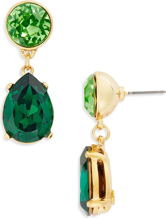 Kenneth Jay Lane Imitation Pearl & Green Stone Drop Earrings in Gold Tone