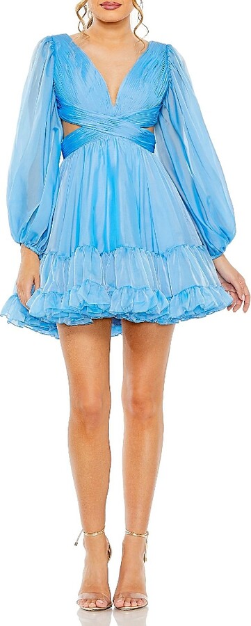 Mac Duggal Flirty Chiffon Mini Dress with Puff Sleeves Tiered Skirt & Daring Lace-Up Back