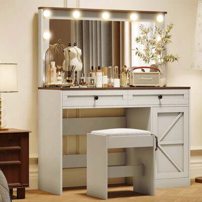 Makeup Vanity Table With Large Mirror And 11 LED Light , Brightness Adjustable, Dressing Table Desk With 3 Drawers, Vanity Desk For Women(White With S