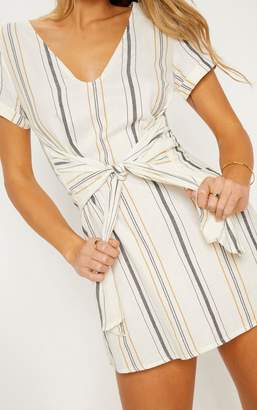 PrettyLittleThing Cream Stripe Print Tie Detail Shift Dress