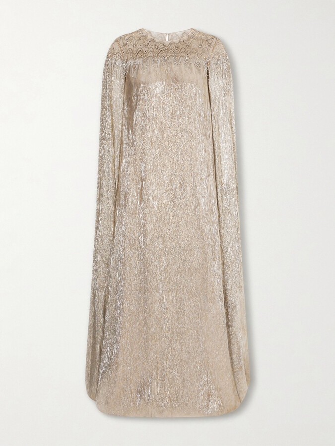 Oscar de la Renta Cape-effect Crystal And Sequin-embellished Tulle-trimmed Lamé Gown - Silver