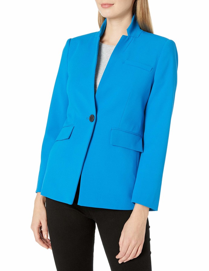 JXG Women Stand Collar Single Breasted Long Sleeve Slim Fit Blazer Jacket Blue US XS 
