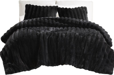 Kivaritio King 3 Pcs Faux Fur Comforter Black, Fluffy Ribbed Cord-textured Face, Backing And Machine Washable For Hassle- Cleaning Size Crystal Velvet Backing,