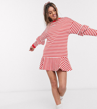 ASOS DESIGN Petite ruffle sweat mini dress in red and white stripe