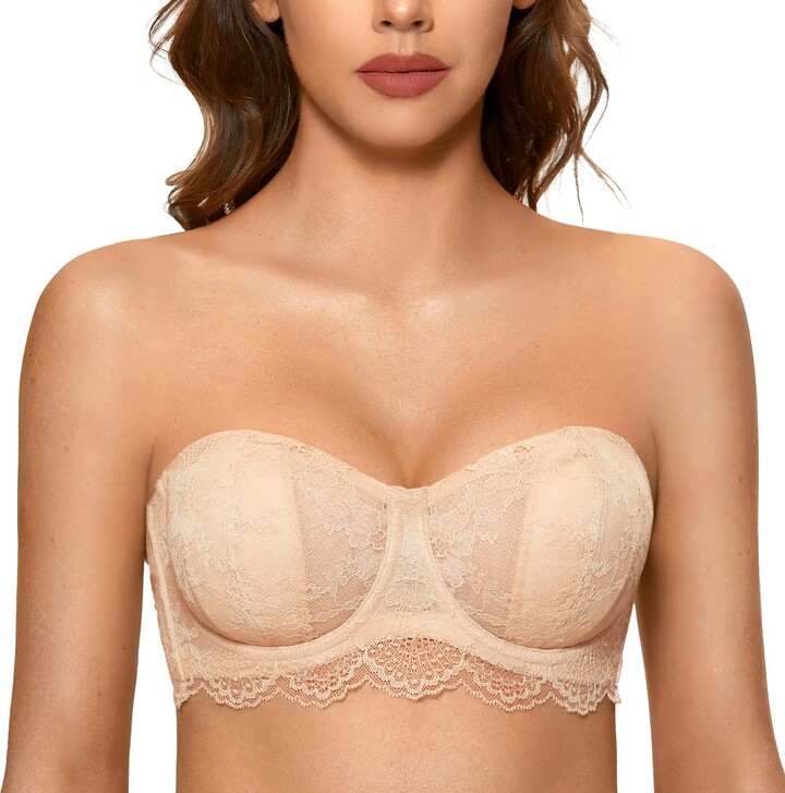 DOBREVA Women's Strapless Lace Bra No Padding Plus Size Sexy Underwire  Partially Lined See Through Bandeau Beige 34D - ShopStyle