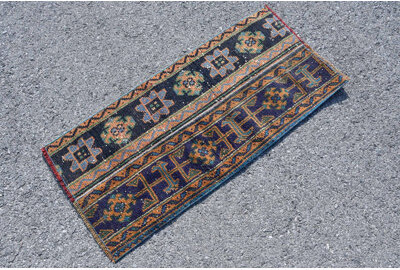 Bungalow Rose Handcrafted Bohemian Red Turkish Rug with Vintage Tribal Ethnic Design for Home Decor Blue/Orange