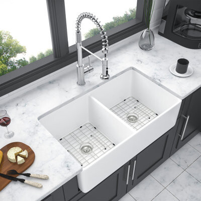 Tryimagine White Farmhouse Sink - 32 Inches Ceramic Double Bowl Farm Apron Front Kitchen Sink